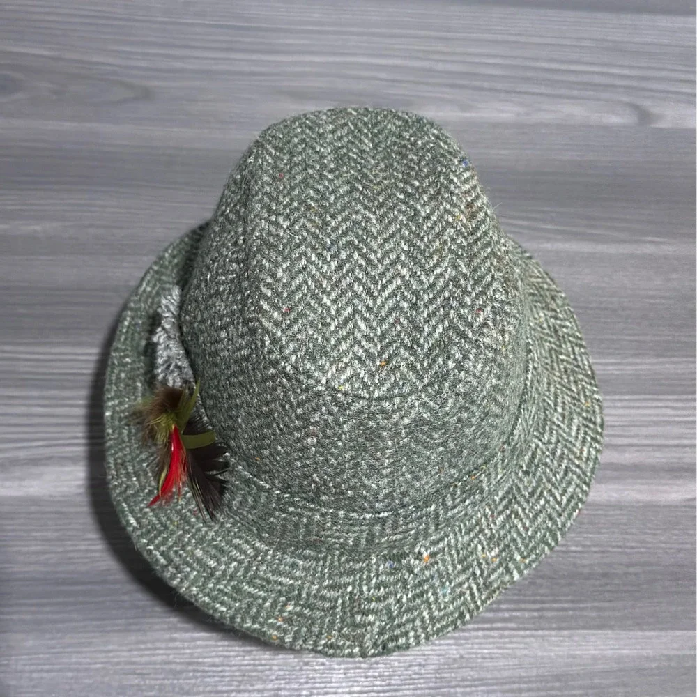 Vtg Hanna Hats Donegal Ireland Green Herringbone Wool Walking Hat Feather Mens M